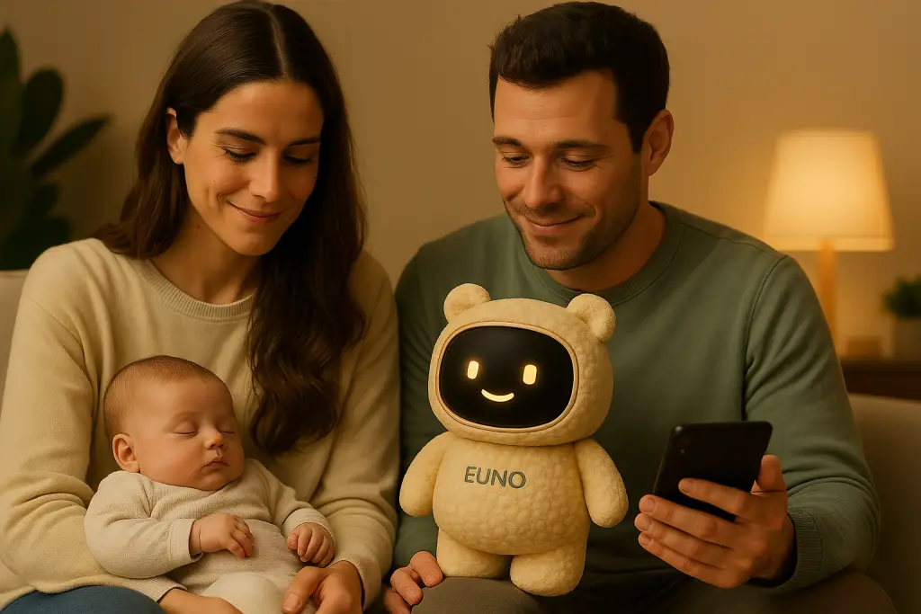 Deux parents avec leurs bébé et Euno qui veille sur le bébé.