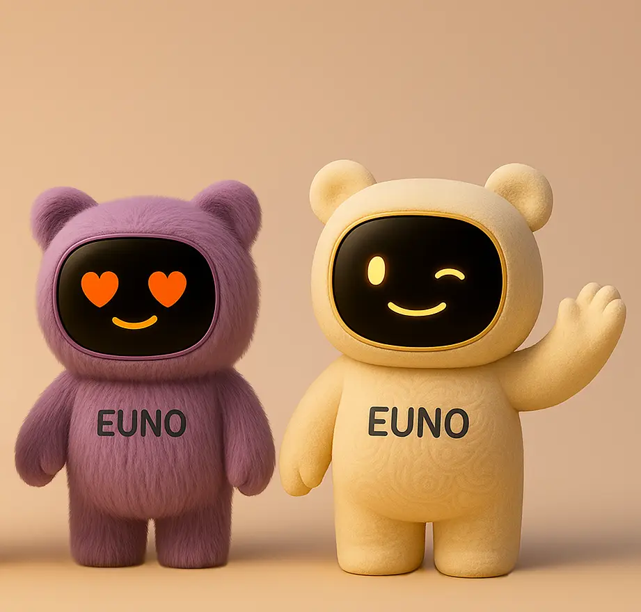 Deux robots Euno, un violet avec des coeurs dans les yeux et un jaune entrain de saluer et faire un clin d'oeil