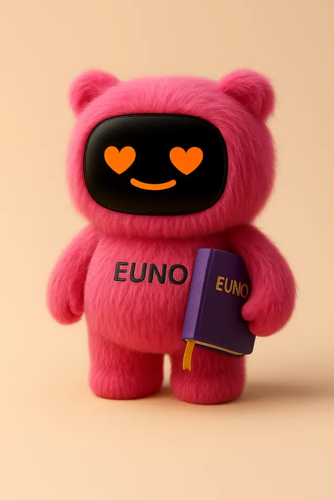 Robot Euno couleur rouge avec des coeurs à la place des yeux tenant un livre