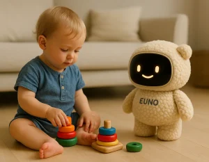 Enfant entrain de jouer avec Euno à côté le regardant